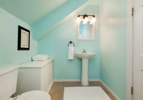 A small, colorful bathroom after a small bathroom remodel in Illinois